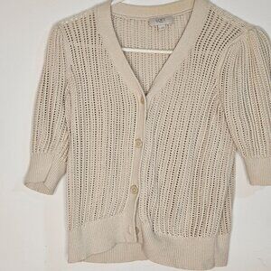 Woman's Loft v-neck button up open knit retro inspired puff 3/4 sleeve cardigan